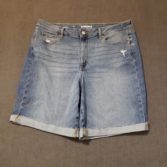 Sonoma Goods For Life Pants - Sonoma Bermuda Shorts Womens 18 Blue Denim Distressed Raw Hem Mid Rise